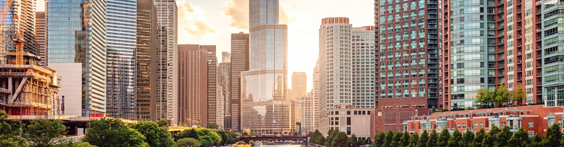 Evening riverside shot of Chicago skyline