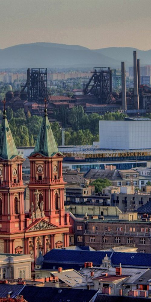 Ostrava tram passing historic buildings