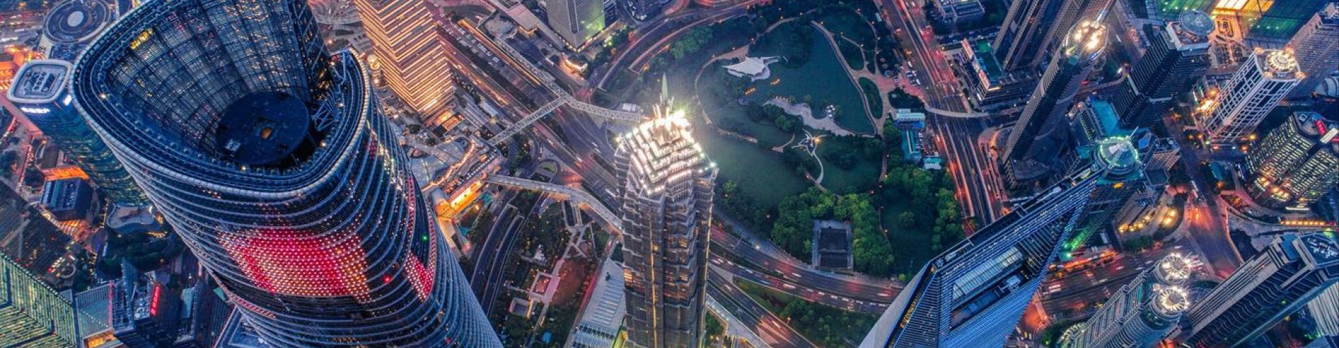 Evening riverside shot of Shanghai skyscrapers