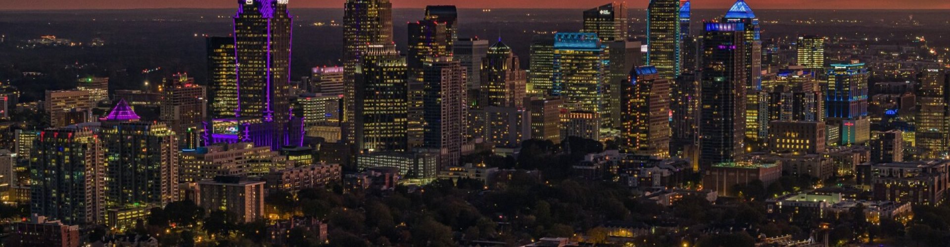 Evening riverside view of Charlotte, NC, US