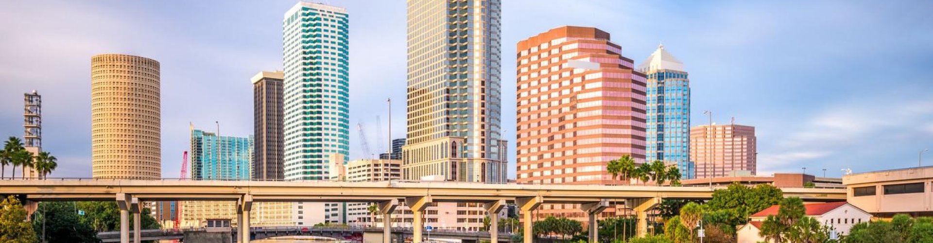 Evening riverside view of Tampa skyline