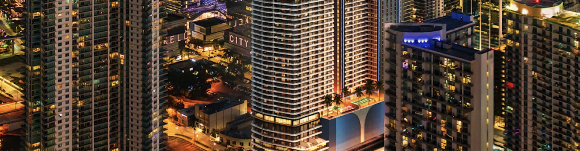 Evening riverside view of Miami skyline