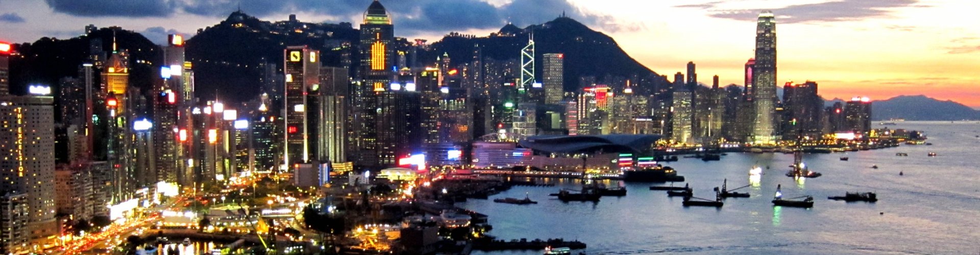 Evening riverside shot of Hong Kong, HK skyline