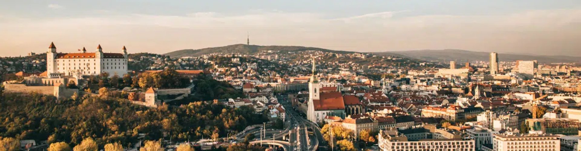 Evening riverside view of Bratislava, SK