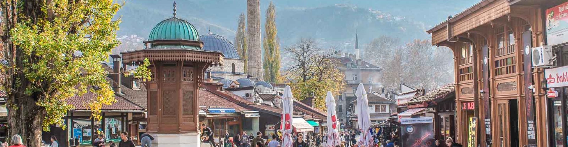 Evening riverside shot of Sarajevo