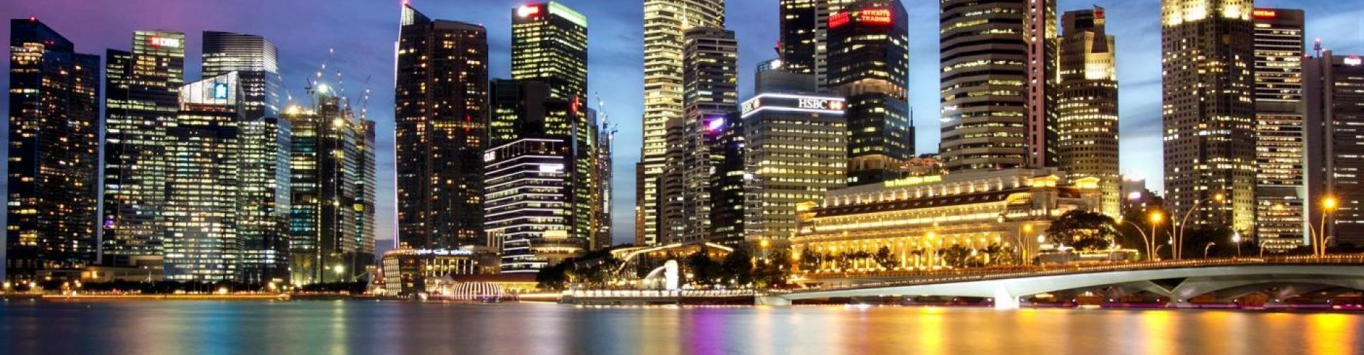 Evening riverside view of Singapore, SG skyline