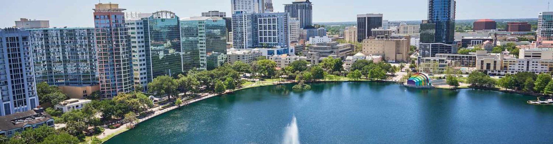 Evening riverside shot of Orlando, FL, US