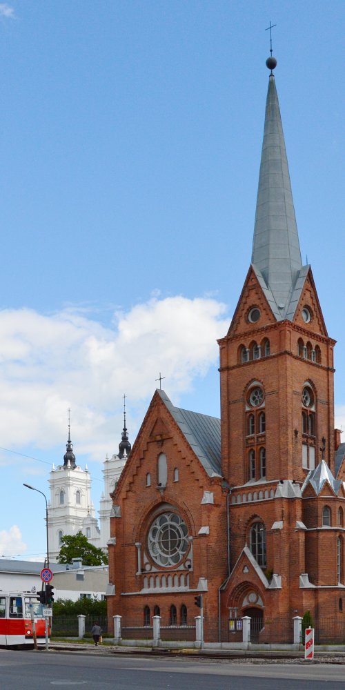 Tram passing through a colourful Daugavpils neighbourhood